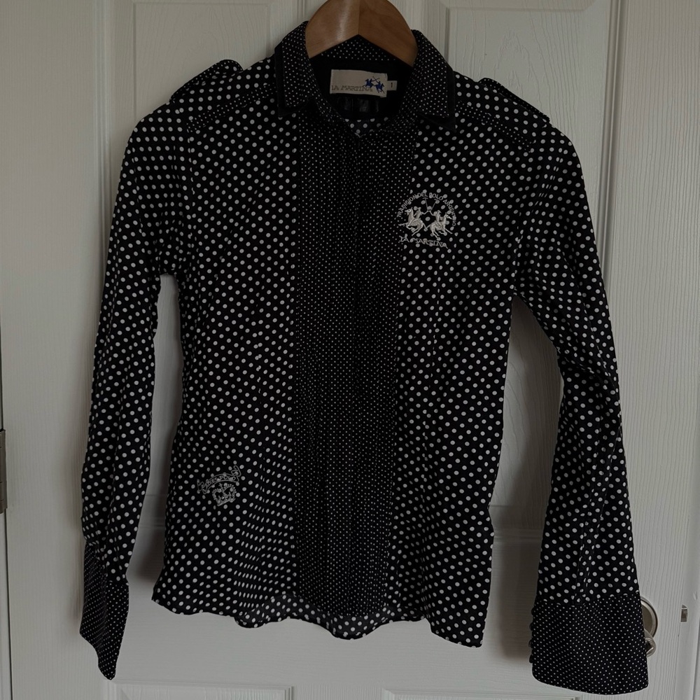 Women’s La Martina Polo Black and White Polka Dot Long Sleeve Shirt Size XS/S